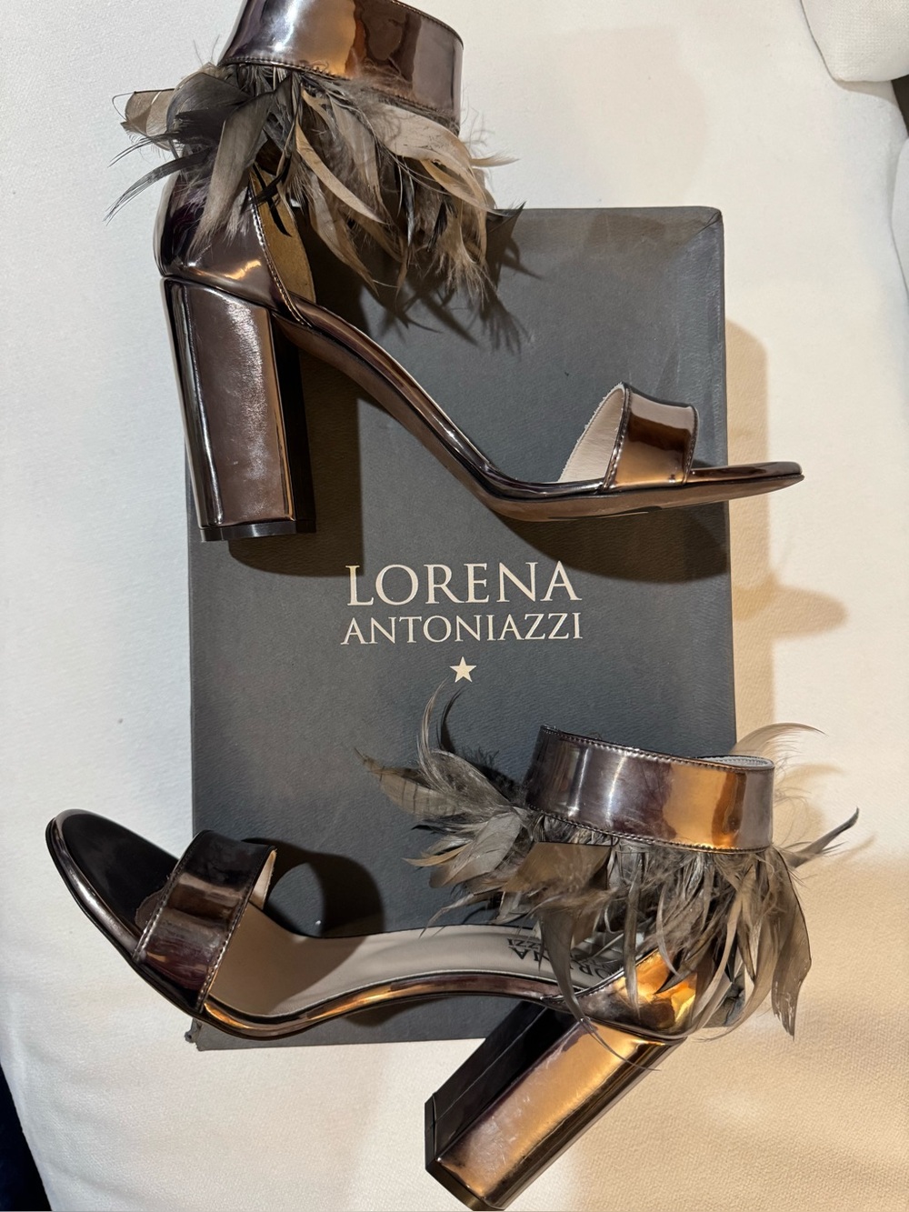 Lorena Antoniazzi Metallic Bronze Feather Ankle Strap Block Heels